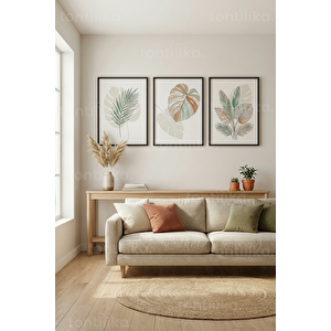Doğal Stilize Botanik Yapraklar 3’lü Ahşap Çerçeveli Tablo Seti 21x30 cm