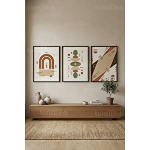 Bohem Soyut Geometrik Formlar 3’lü Ahşap Çerçeveli Tablo Seti 21x30 cm