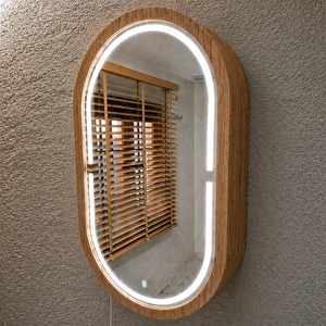Oval Led’li Duvar Aynası Dolaplı | Dimmerli Dokunmatik Sensörlü | 6500 Beyaz Işıklı Banyo & Makyaj Aynası (meşe) 40x70 cm