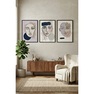 Soyut Minimalist Portreler 3’lü Ahşap Çerçeveli Tablo Seti 21x30 cm