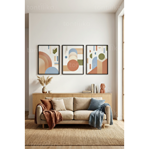 Soyut Geometrik Toprak Tonları 3’lü Ahşap Çerçeveli Tablo Seti 30x42 cm