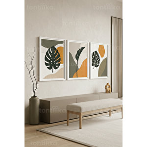 Doğal Soyut Yaprak Motifleri 3’lü Ahşap Çerçeveli Tablo Seti 50 x 70 cm