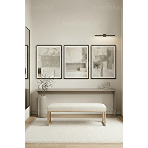 Nötr Tonlarda Modern Soyut Sanat 3’lü Ahşap Çerçeveli Tablo Seti 30x42 cm