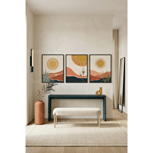 Modern Çöl Güneşi Ve Bitkileri 3’lü Ahşap Çerçeveli Tablo Seti 30x42 cm