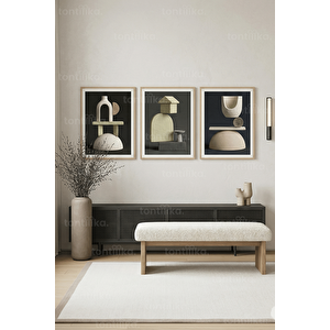 Heykelimsi Geometrik Soyut Tasarım 3’lü Ahşap Çerçeveli Tablo Seti 50 x 70 cm