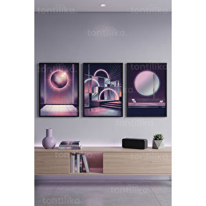 Synthwave Geometri Neon 3’lü Ahşap Çerçeveli Tablo Seti 50 x 70 cm