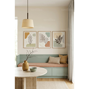 Modern Soyut Botanik Yapraklı 3’lü Ahşap Çerçeveli Tablo Seti 50 x 70 cm