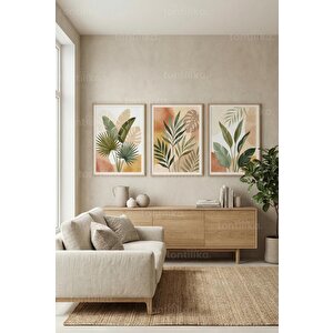Yeşilin Huzuru Tropik Yapraklar 3’lü Ahşap Çerçeveli Tablo Seti 21x30 cm