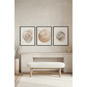 Soyut Çemberler Ve Organik Dalgalar 3’lü Ahşap Çerçeveli Tablo Seti 50 x 70 cm