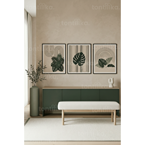 Modern Botanik Geometrik Desenli 3’lü Ahşap Çerçeveli Tablo Seti 50 x 70 cm