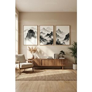 Uzakdoğu Sisli Dağlar Ve Ormanlar 3’lü Ahşap Çerçeveli Tablo Seti 21x30 cm