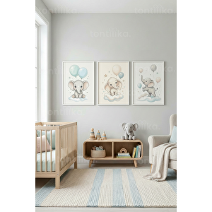 Sevimli Balonlu Filler Bebek Odası 3’lü Ahşap Çerçeveli Tablo Seti 50 x 70 cm