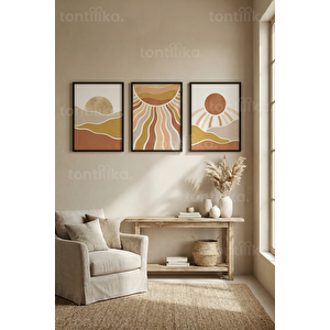 Bohem Gün Batımı Soyut Manzaraları 3’lü Ahşap Çerçeveli Tablo Seti 21x30 cm