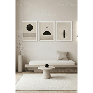 Nötr Tonlarda Soyut Geometrik Minimalist 3’lü Ahşap Çerçeveli Tablo Seti 50 x 70 cm