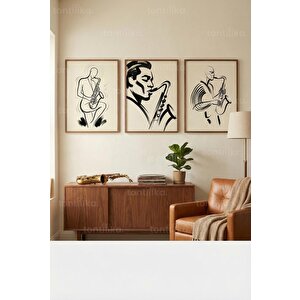 Caz Müziği Ve Saksofon Tutkusu 3’lü Ahşap Çerçeveli Tablo Seti 50 x 70 cm
