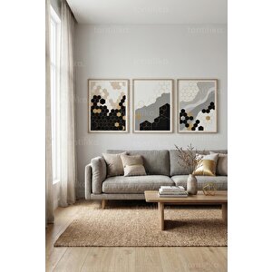 Modern Geometrik Hexagon Desenli 3’lü Ahşap Çerçeveli Tablo Seti 50 x 70 cm
