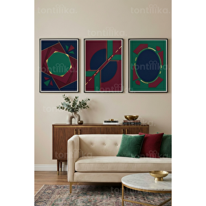 Geometrik Soyut Kompozisyon 3’lü Ahşap Çerçeveli Tablo Seti 21x30 cm