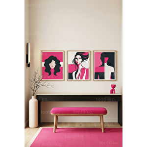 Modern Pembe Kadın Figürleri 3’lü Ahşap Çerçeveli Tablo Seti 50 x 70 cm
