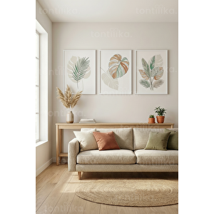 Doğal Stilize Botanik Yapraklar 3’lü Ahşap Çerçeveli Tablo Seti 30x42 cm