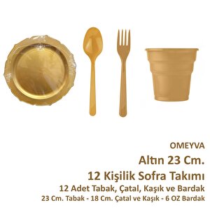 Omeyva Dayanıklı Mika 23 Cm. Altın Sorfa Piknik Seti - 12 Kişilik Tabak Bardak Çatal Kaşık Takımı