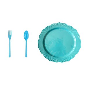 Omeyva Mika Plastik Turkuaz Sorfa Piknik Seti - 23 Cm. - 48 Kişilik Tabak Çatal Kaşık Takımı