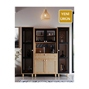 Ambiyans Kahve Köşesi Dolabı | Led Aydınlatmalı Dolap | Temperli Karartma Cam Ve Jüt Kumaş Mdf Kapak