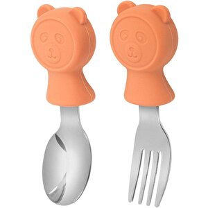 304 Çelik Panda Bebek Kaşık Çatal Setisilikon Saplı Bpa İçermez Ergonomik Kaymaz Turuncu