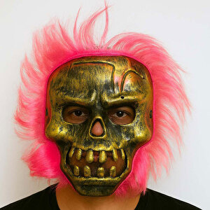 Evimdeyokyok Wild Skull - Bakır Kafatası Pembe Saçlı İskelet Maske T20