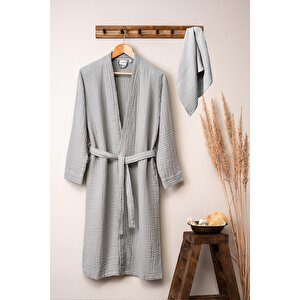 Unisex Kimono Müslin Bornoz Havlu Seti Gri
