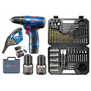 Gsr 120 Li 3 Ah Çift Bataryalı Vidalama + Bosch Gas 12 Şarjlı Araç Süpürgesi̇ + Bosch V-line 103 Parça Uç Seti