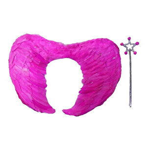 Evimdeyokyok Gerçek Tüylü Katlanabilir Çocuk Pembe Melek Kanadı Ve Asa Seti 40x55 Cm T20