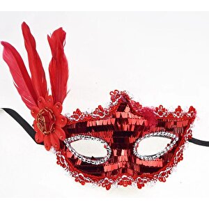 Evimdeyokyok Kırmızı Payetli Pullu Kırmızı Renk Yandan Tüylü Parti Maskesi 18x22 Cm T20