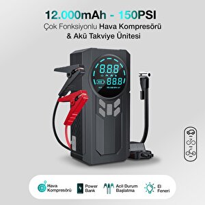 Yek Outdoor Akıllı Dijital Ekranlı Araç Lastik Şişirici Ve Akü Takviye Cihazı – 150 Psi | 12.000 Mah