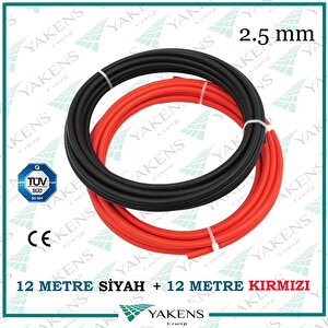 Solar Kablo (12m+12m) 2.5mm Toplam 24 Metre Hazır Güneş Paneli Kablo Seti Kırmızı Siyah