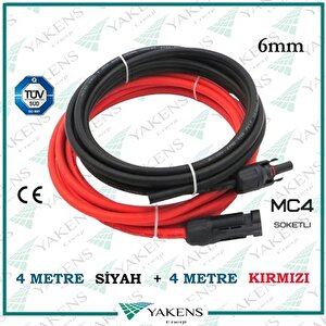Mc4 Soketli Solar Kablo (4m+4m) 6mm Toplam 8 Metre Güneş Paneli Hazır Solar Kablo Seti Kırmızı Siyah