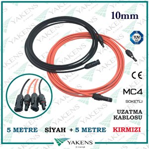 Güneş Paneli Uzatma Solar Kablo (5m+5m) 10mm Toplam 10 Metre Çift Taraflı Mc4 Soketli Solar Ara Kablo Kırmızı Siyah