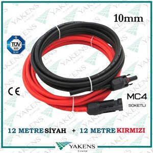 Mc4 Soketli Solar Kablo (12m+12m) 10mm Toplam 24 Metre Güneş Paneli Hazır Solar Kablo Seti Kırmızı Siyah