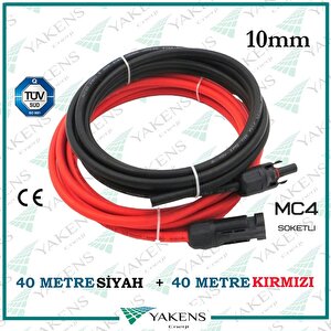 Mc4 Soketli Solar Kablo (40m+40m) 10mm Toplam 80 Metre Güneş Paneli Hazır Solar Kablo Seti Kırmızı Siyah