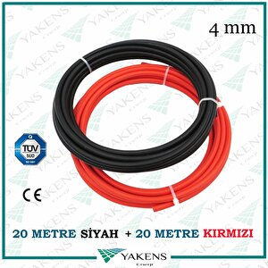 Solar Kablo (20m+20m) 4mm Toplam 40 Metre Hazır Güneş Paneli Kablo Seti Kırmızı Siyah