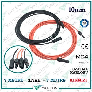 Güneş Paneli Uzatma Solar Kablo (7m+7m) 10mm Toplam 14 Metre Çift Taraflı Mc4 Soketli Solar Ara Kablo Kırmızı Siyah