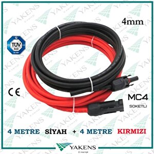 Mc4 Soketli Solar Kablo (4m+4m) 4mm Toplam 8 Metre Güneş Paneli Hazır Solar Kablo Seti Kırmızı Siyah