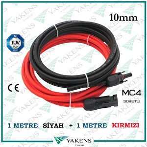 Mc4 Soketli Solar Kablo (1m+1m) 10mm Toplam 2 Metre Güneş Paneli Hazır Solar Kablo Seti Kırmızı Siyah