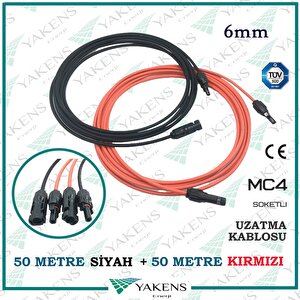 Güneş Paneli Uzatma Solar Kablo (50m+50m) 6mm Toplam 100 Metre Çift Taraflı Mc4 Soketli Solar Ara Kablo Kırmızı Siyah