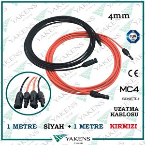 Güneş Paneli Uzatma Solar Kablo (1m+1m) 4mm Toplam 2 Metre Çift Taraflı Mc4 Soketli Solar Ara Kablo Kırmızı Siyah