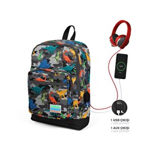 Dinozor Desenli Usb Ve Aux Soketli Okul Çantası 23286