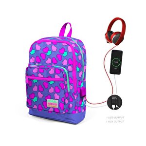 Lavanta Pembe Kalp Desenli Usb Ve Aux Soketli Okul Çantası 23263