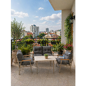Rüya 4 Kişilik Metal Bahçe Balkon Teras Cafe Oturma Grubu 2+1+1 – Gri  Minderli – 60x105 Cm Traverten  Renk Suntalem Orta Masa