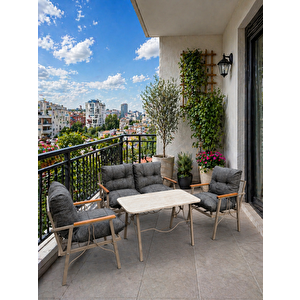 Rüya 4 Kişilik Metal Bahçe Balkon Teras Cafe Oturma Grubu 2+1+1 – Gri  Minderli – 60x105 Cm Traverten  Renk Suntalem Orta Masa