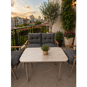 Rüya 4 Kişilik Metal Bahçe Balkon Teras Cafe Oturma Grubu 2+1+1 – Gri  Minderli – 60x105 Cm Traverten  Renk Suntalem Orta Masa