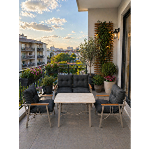 Rüya 4 Kişilik Metal Bahçe Balkon Teras Cafe Oturma Grubu 2+1+1 – Antrasit Minderli – 60x105 Cm Traverten Renk Suntalem Orta Masa